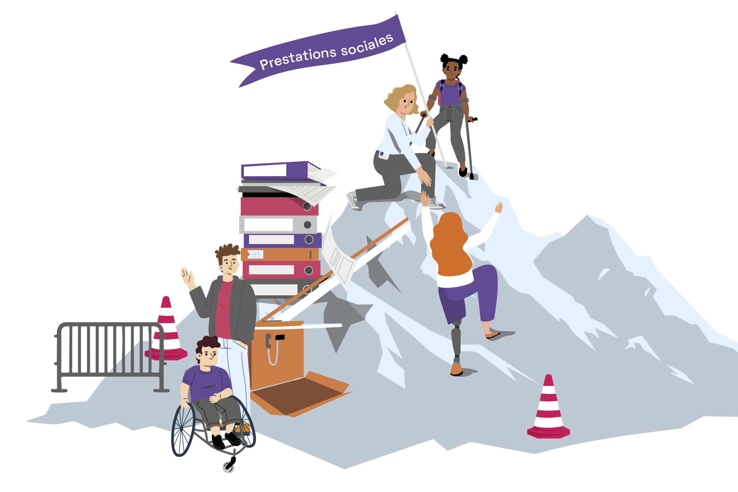 Des personnes en situation de handicap gravissent ensemble la montagne des «prestations sociales». Une employée des services publics les accompagne dans leur ascension. Parmi elles: un enfant en fauteuil roulant soutenu par un proche, une personne équipée d’une prothèse et une autre utilisant des béquilles. Sur leur chemin, des obstacles symboliques – piles de dossiers, cônes de signalisation, barrières – illustrent les difficultés rencontrées pour accéder aux prestations. Cette image reflète à la fois le parcours semé d’embûches vers les prestations sociales et les soutiens qui ont permis d’avancer, ainsi que ceux qu’on souhaite recevoir.