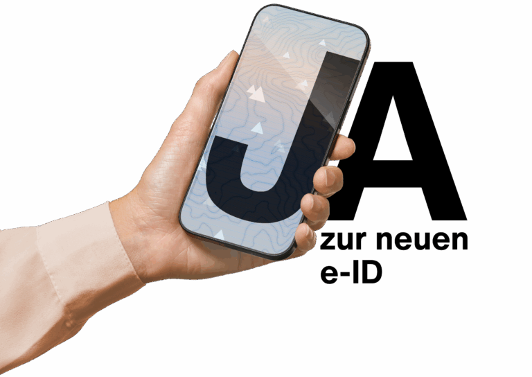 Eine Hand hält ein Smartphone mit einem grossen Buchstaben „J“ auf dem Bildschirm. Daneben steht ein grosses „A“. Unterhalb befindet sich der Schriftzug „zur neuen e-ID“. Das Bild symbolisiert digitale Teilhabe und die Unterstützung der JA-Kampagne zur E-ID.