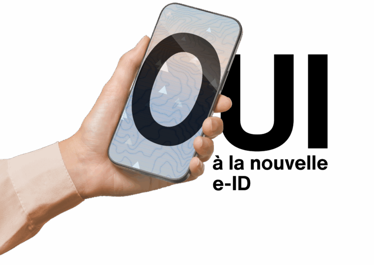 Une main tient un smartphone avec une grande lettre « O » à l'écran. À côté se trouve un grand « UI ». En dessous, on peut lire « à la nouvelle e-ID ». L'image symbolise la participation numérique et le soutien à la campagne « Oui » à l'e-ID.