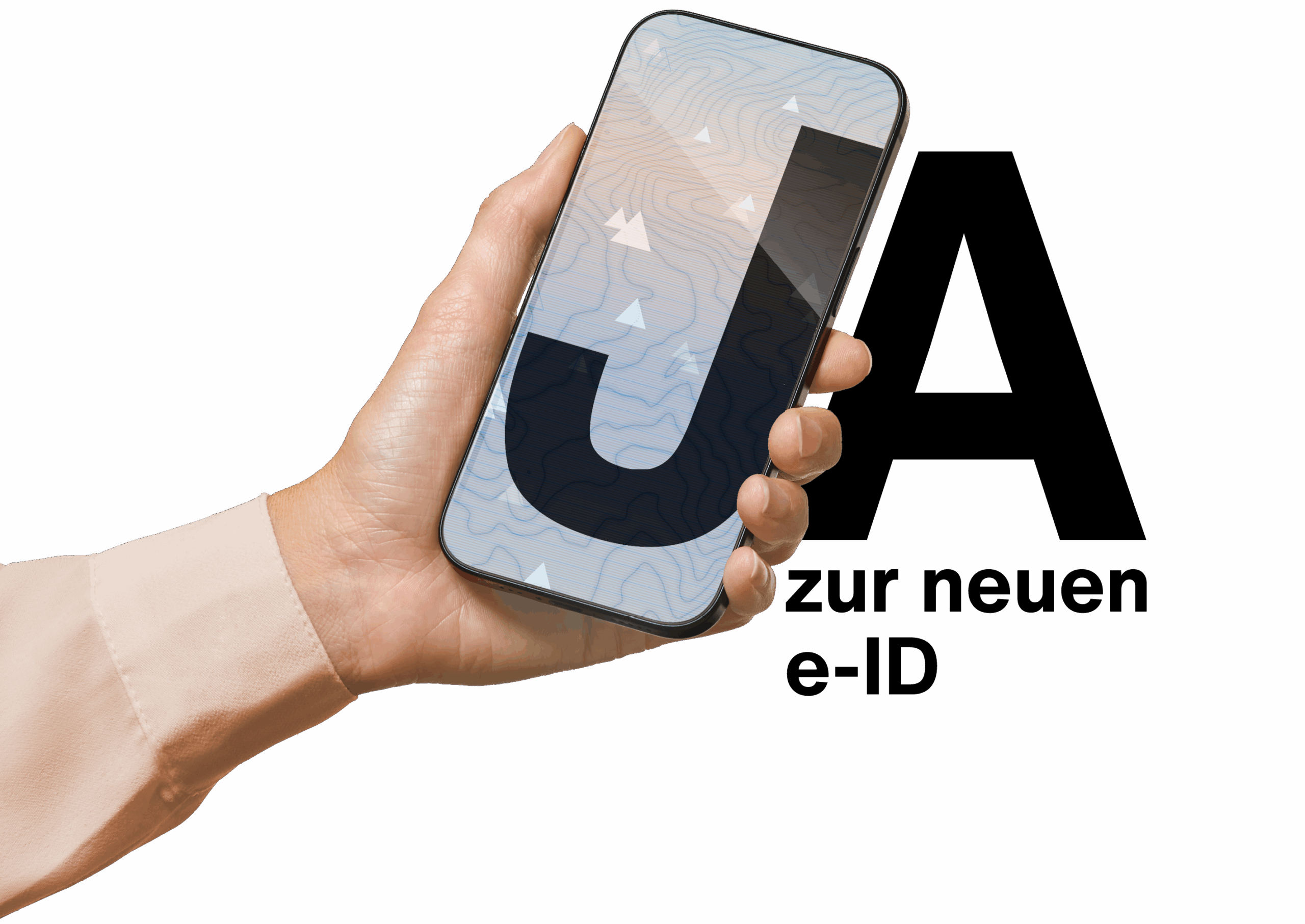Eine Hand hält ein Smartphone mit einem grossen Buchstaben „J“ auf dem Bildschirm. Daneben steht ein grosses „A“. Unterhalb befindet sich der Schriftzug „zur neuen e-ID“. Das Bild symbolisiert digitale Teilhabe und die Unterstützung der JA-Kampagne zur E-ID.