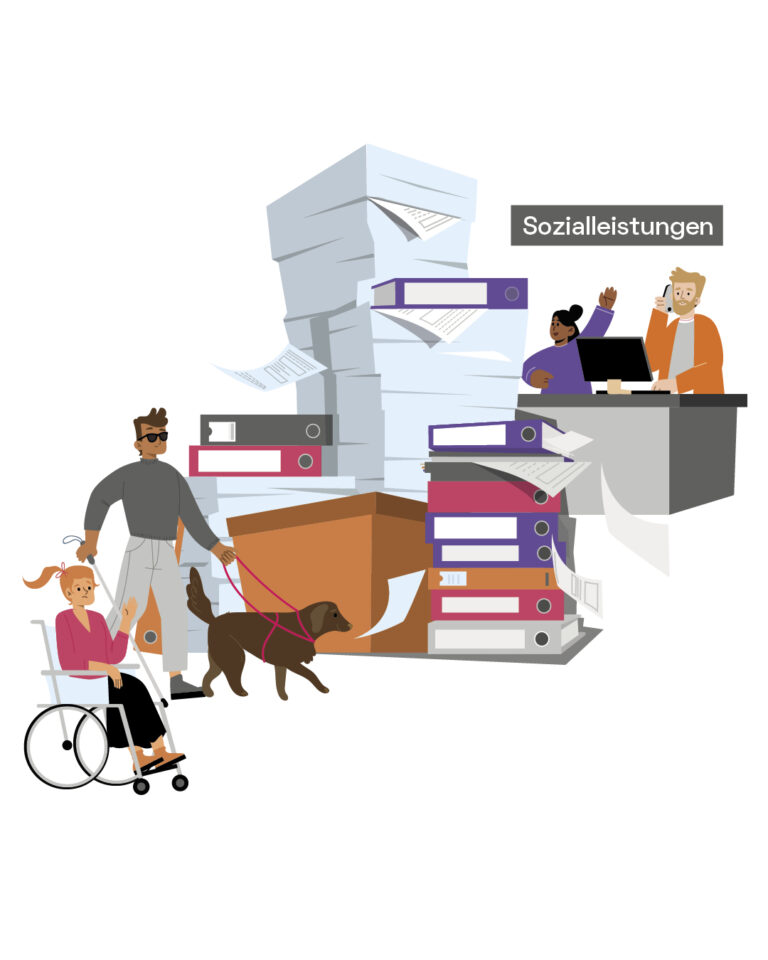 Eine Person im Rollstuhl und eine Person mit Blindenführhund stehen vor grossen Stapeln von Aktenordnern und Papier. Die Stapel versperren den Zugang zu einem Schalter, der mit «Sozialleistungen» beschriftet ist. Am Schalter sitzen zwei Personen. Eine sitzt hinter einem Computer und ist am Telefon, die andere hebt den Arm. Die Grafik soll die Hindernisse symbolisieren, welche Menschen mit Behinderungen vom Bezug von Sozialleistungen abhalten.