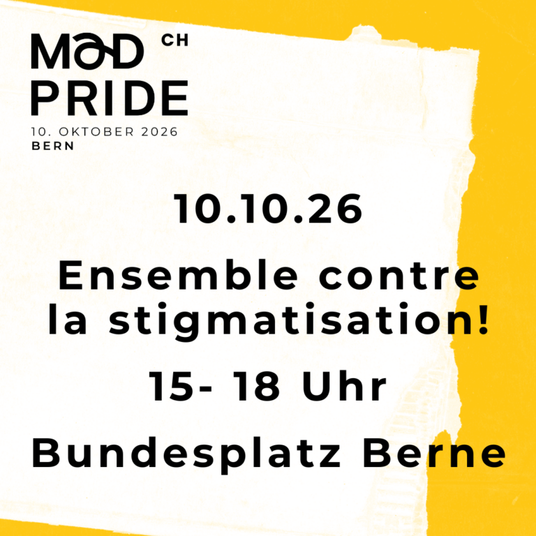 Affiche de la Mad Pride Suisse 2026 à Berne invitant le public à se mobiliser pour la santé mentale et contre la stigmatisation le 10 octobre 2026.