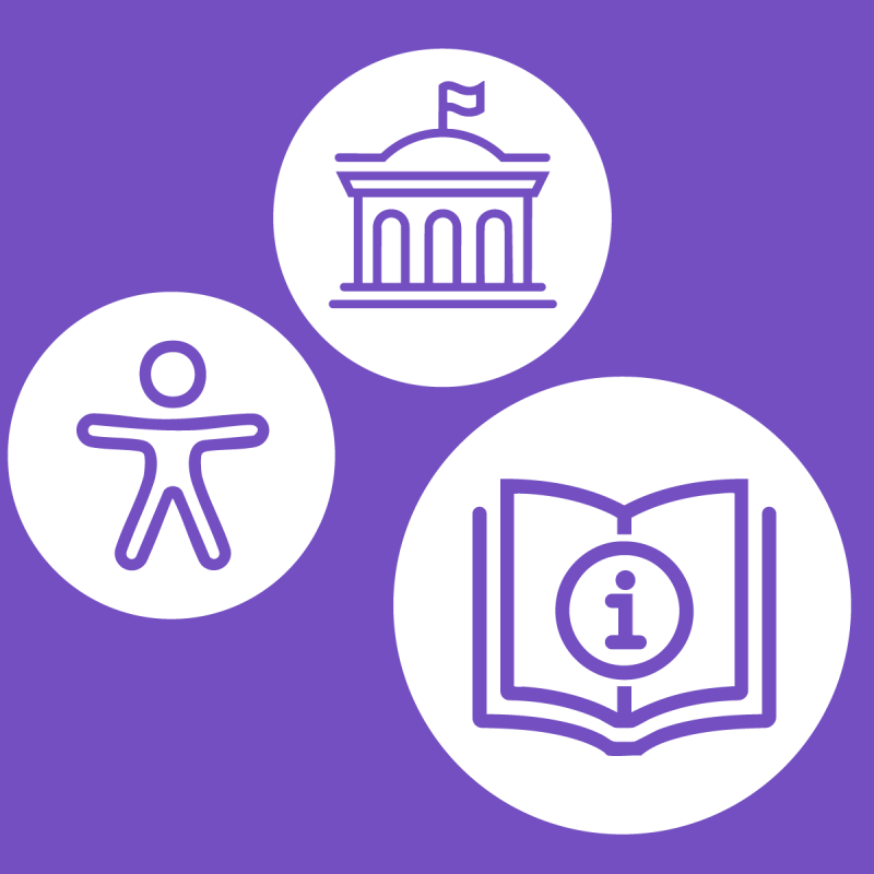 Titelseite des Leitfadens zur Barrierefreiheit auf violettem Hintergrund. Dargestellt sind drei weisse Kreise mit violetten Symbolen: das internationale Symbol für Barrierefreiheit, ein Regierungsgebäude als Zeichen für Verwaltung sowie ein geöffnetes Informationsbuch für Leitfaden. Die Gestaltung verweist auf zugängliche Informationen und barrierefreie öffentliche Dienstleistungen.