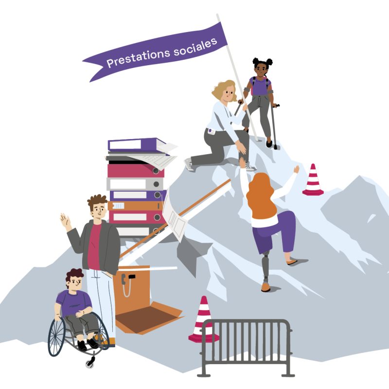 Graphique 3 v Accès aux prestations sociales – personnes avec handicap témoignent Des personnes en situation de handicap gravissent ensemble la montagne des «prestations sociales». Une employée des services publics les accompagne dans leur ascension. Parmi elles: un enfant en fauteuil roulant soutenu par un proche, une personne équipée d’une prothèse et une autre utilisant des béquilles. Sur leur chemin, des obstacles symboliques – piles de dossiers, cônes de signalisation, barrières – illustrent les difficultés rencontrées pour accéder aux prestations. Cette image reflète à la fois le parcours semé d’embûches vers les prestations sociales et les soutiens qui ont permis d’avancer, ainsi que ceux qu’on souhaite recevoir.
